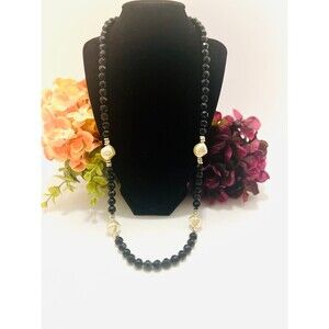Vintage Pearl and Black Necklace with Gold Accents